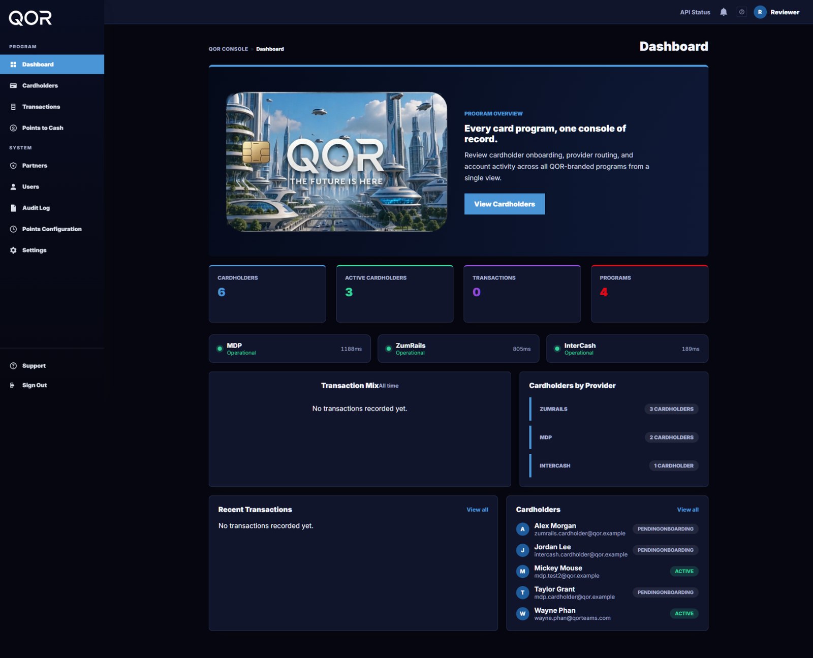 QOR Console dashboard