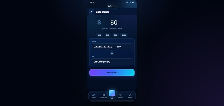 QOR Load Money screen