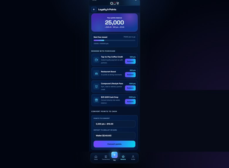 QOR Loyalty and Points screen