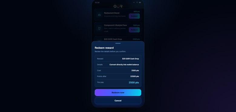 QOR redeem rewards screen